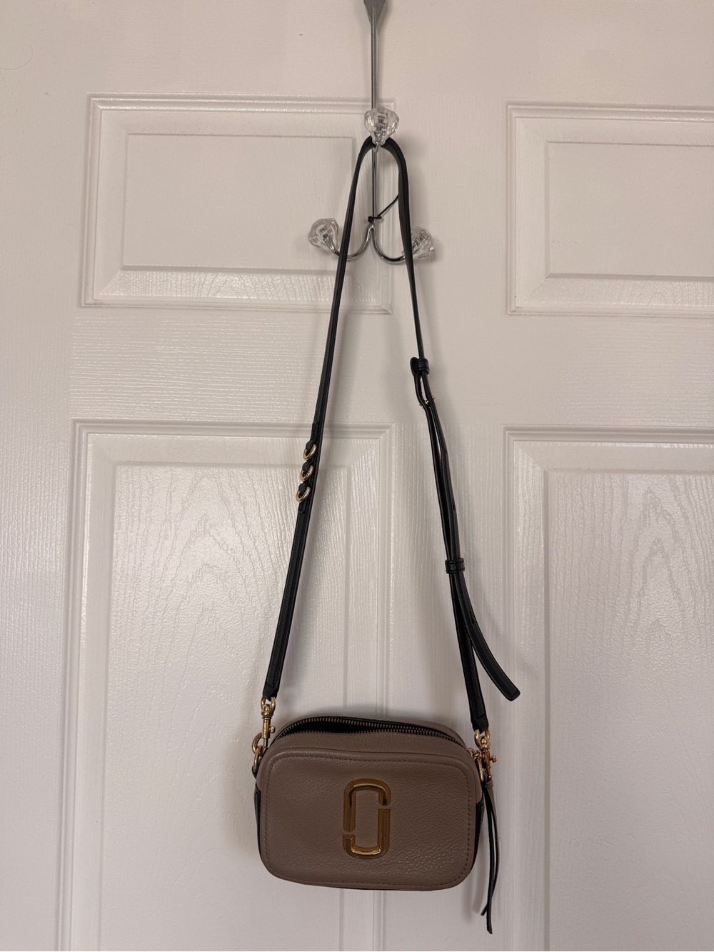 Marc Jacobs Taupe Snapshot Crossbody with Black Strap and Gold Hardware
